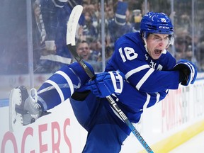 Toronto Maple Leafs forward Mitchell Marner (16) celebrates his goal against the Vegas Golden Knights during second period NHL hockey action in Toronto on Tuesday, November 8, 2022. THE CANADIAN PRESS/Nathan Denette