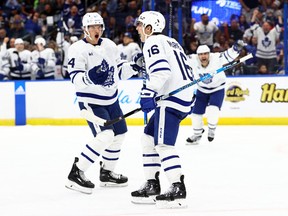 Toronto Maple Leafs winger Mitch Marner (right) was looking to pick up at least a point in his 20th consecutive game on Tuesday night against the Dallas Stars.