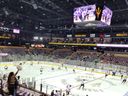 The Arizona Coyotes and Florida Panthers take part in their pregame warmup at Mullett Arena in Tempe, Ariz., on Nov. 1, 2022.