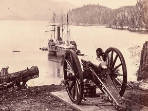 The ship Pacific is seen in the background of this photo taken in 1868 on Tongass Island on the B.C. and Alaska border.