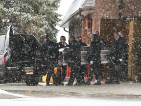 Vanessa Kurpiewska, 31, is carried out of St. Maximilian Kolbe Parish on Cawthra Rd. in Mississauga after her private funeral on Thursday, Dec. 15, 2022.