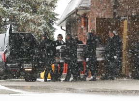 Vanessa Kurpiewska, 31, is carried out of St. Maximilian Kolbe Parish on Cawthra Rd. in Mississauga after her private funeral on Thursday, Dec. 15, 2022.
