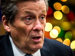 Toronto Mayor John Tory speaks during a year-end interview at the protocol lounge at his city hall office in Toronto on Wednesday, Dec. 21, 2022.