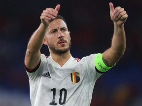 In this file photo taken on June 11, 2022 Belgium's midfielder Eden Hazard greets the supporters at the end of the UEFA Nations League, league A group 4 football match between Wales and Belgium at Cardiff City stadium in Cardiff, south Wales.