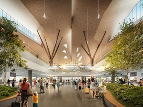 A rendering of a new terminal at Pittsburgh International Airport, where the interiors are meant to reflect the region’s natural environment. The new terminal, which is expected to open in 2025, was designed by Gensler and HDR, in association with Luis Vidal and architects. Courtesy of Gensler + HDR in association with Luis Vidal + Architects