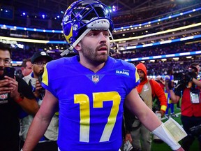 Los Angeles Rams quarterback Baker Mayfield reacts following the victory against the Las Vegas Raiders at SoFi Stadium in Inglewood, Calif., Dec. 8, 2022.