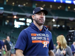 Houston Astros starting pitcher Justin Verlander looks on before game six of the 2022 World Series against the Philadelphia Phillies at Minute Maid Park.