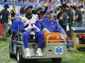 Buffalo Bills linebacker Von Miller  is carted off the field during the first half of an NFL football game against the Detroit Lions, Thursday, Nov. 24, 2022, in Detroit.
