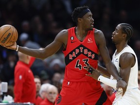 Toronto Raptors forward Pascal Siakam (43) is defended by Cleveland Cavaliers guard Caris LeVert during the first half of an NBA basketball game Friday, Dec. 23, 2022, in Cleveland.&ampnbsp;Siakam has been named the Eastern Conference player of the week for the fifth time in his career.