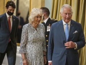 From left to right: Prime Minister of Justin Trudeau, Camilla, Duchess of Cornwall and Prince Charles, Prince of Wales attend an evening reception hosted by Governor General Mary Simon (not pictured) at Rideau Hall on May 18, 2022 in Ottawa.