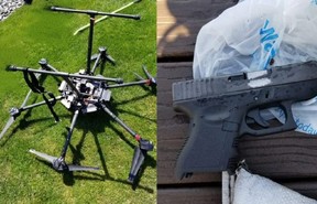 A drone carrying 11 handguns was flown from the U.S. to Port Lambton, Ont. on April 29, 2022. The $7,000 flying machine got stuck in a tree and a would-be retriever fled after being startled by a homeowner and his dog. OPP HANDOUT
