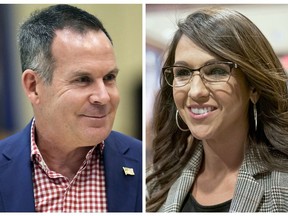 This combo image shows Democratic candidate for Colorado's 3rd Congressional District Adam Frisch, left, and U.S. Rep. Lauren Boebert, R-Colo., right. Frisch and Boebert are running for Colorado's U.S. House seat in District 3. (AP Photo, File)