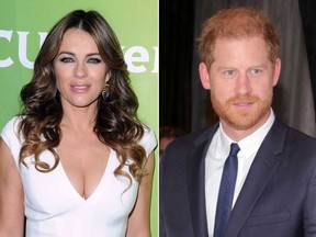 Elizabeth Hurley and Prince Harry are pictured in file photos.