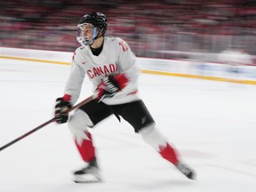 Canada's Connor Bedard skates after the puck during IIHF World Junior Hockey Championship action against Austria in Halifax, Thursday, Dec. 29, 2022.