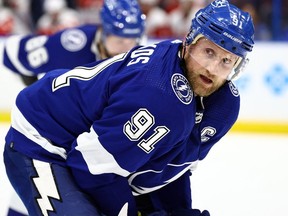 Tampa Bay Lightning center Steven Stamkos looks on against the Detroit Red Wings during the third period at Amalie Arena.