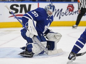 Toronto Maple Leafs goaltender Matt Murray makes a save against the Calgary Flames during the second period at Scotiabank Arena.