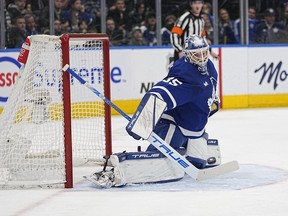 Toronto Maple Leafs goaltender Ilya Samsonov makes a save against the Los Angeles Kings during the second period at Scotiabank Arena.
