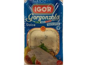 A package of Igor brand Gorgonzola mild ripened blue-veined cheese is pictured in this supplied photo