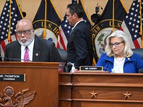 In this file photo taken on Oct. 13, 2022, committee chairman Bennie Thompson (left) and vice-chair Liz Cheney convene a U.S. House Select Committee hearing to Investigate the January 6 Attack on the U.S. Capitol, on Capitol Hill in Washington, D.C.