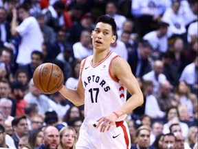 Jeremy Lin of the Toronto Raptors dribbles the ball during Game Five of the second round of the 2019 NBA Playoffs against the Philadelphia 76ers at Scotiabank Arena on May 7, 2019 in Toronto.