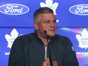 Toronto Maple Leafs head coach Sheldon Keefe speaks at the podium about some of the new players and his goalie tandem for the upcoming season on Wednesday September 21, 2022.