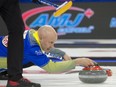 Lethbridge, Alta., March 13, 2022, Tim Hortons Brier. Team Alberta skip Kevin Koe of Calgary Ab during the Brier final against team Wild Card 1 skip Brad Gushue.