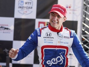 Chip Ganassi Racing driver Alex Palou reacts after winning at Barber Motorsports Park.