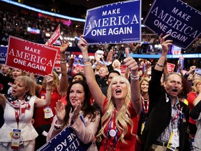 Delegates cheers during the evening session of the fourth day of the Republican National Convention on July 21, 2016 at the Quicken Loans Arena in Cleveland, Ohio.