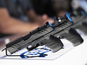 A Walther PDP pistol is seen at the booth of an exhibitor that provides weapons to government, military and law enforcement clients, at the CANSEC trade show in Ottawa, on Wednesday, June 1, 2022.