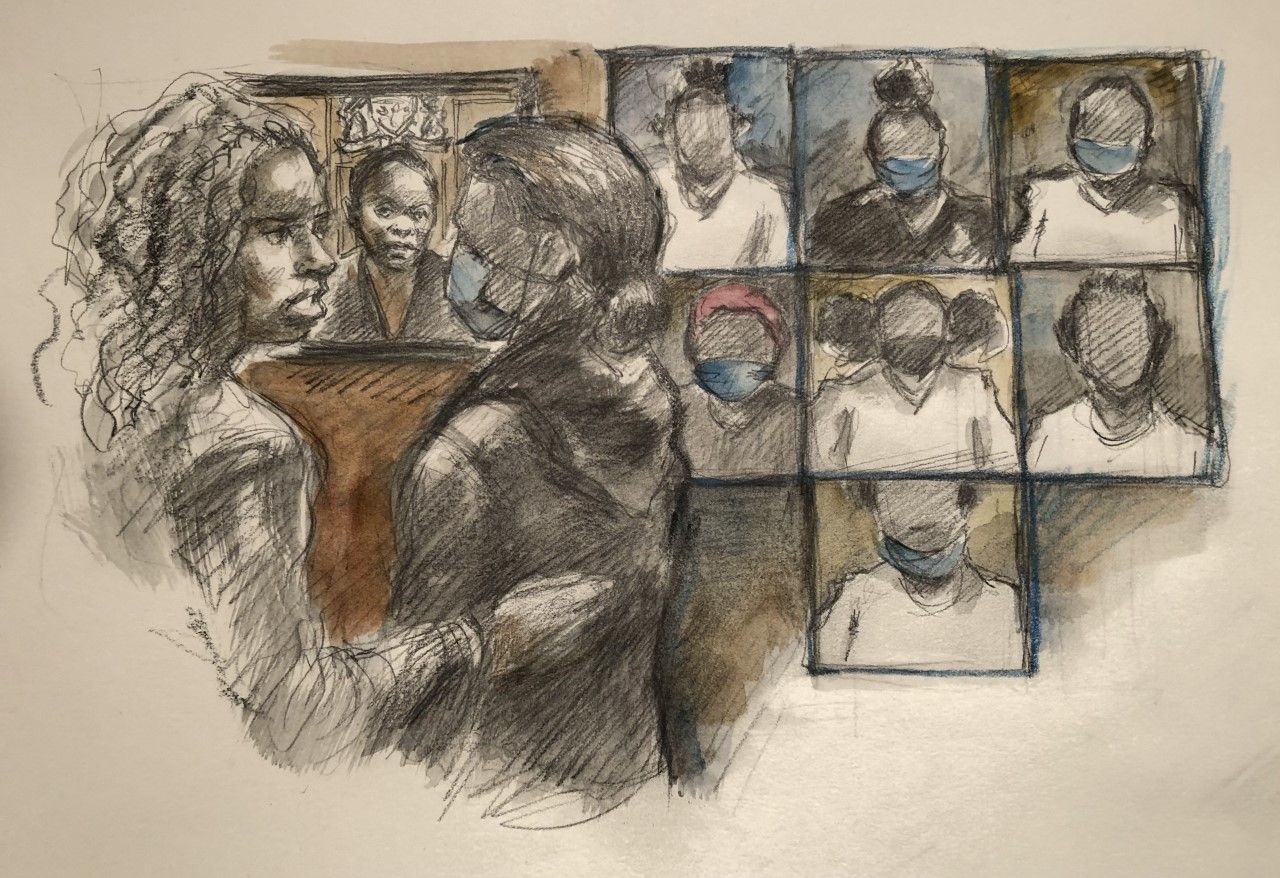  one youth of eight teenage girls accused in a dec. 18 murder, who cannot be identified, stands before justice maria sirivar on a monitor with her lawyer daisy bygrave as bail conditions are set for her release on thursday, dec. 29, 2022. the other 7 youths made separate appearances via zoom in youth court on jarvis st.