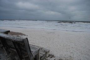 The wind whips up waves on Hudson Bay, and the white stuff on the ground is sea foam. When a big gust blows, the sea foam goes flying. Laura Shantora Nelles/Toronto Sun