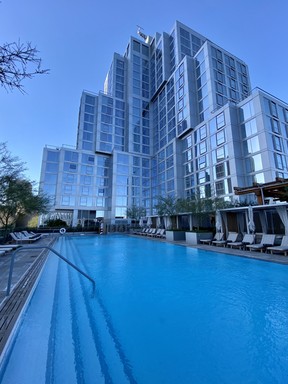 Looking up at the Conrad hotel in Los Angeles from the outdoor pool. CYNTHIA MCLEOD/TORONTO SUN