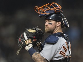 Detroit Tigers catcher Tucker Barnhart is pictured during the second game of a baseball doubleheader against the Seattle Mariners, Tuesday, Oct. 4, 2022, in Seattle.