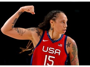 FILE PHOTO: Tokyo 2020 Olympics - Basketball - Women - Quarterfinal - Australia v United States - August 4, 2021. Brittney Griner of the United States reacts REUTERS/Brian Snyder/File Photo