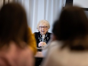 Holocaust survivor Muguette Myers, 91, speaks to schoolchildren at the Montreal Holocaust Museum on Jan. 23, 2023. The museum is down to a dozen active survivor speakers who give their testimonies in person or virtually.