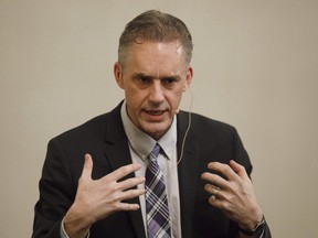 Jordan Peterson speaks to a crowd during a stop in Sherwood Park Alta, on February 11, 2018.