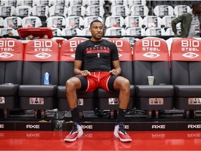 Otto Porter Jr. of the Toronto Raptors warms up ahead of their NBA game against the Cleveland Cavaliers at Scotiabank Arena on October 19, 2022 in Toronto, Canada.