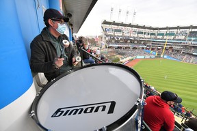 Patrick Carney, drummer for the rock duo Black Keys, stands in for Cleveland Indians legendary drummer John Adams during the fourth inning of the home opener against the Kansas City Royals at Progressive Field on April 5, 2021 in Cleveland, Ohio. (Photo by Jason Miller/Getty Images)