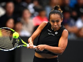 Leylah Fernandez of Canada plays a backhand during her first round match against Brenda Fruhvirtova of Czech Republic during day one of the 2023 ASB Classic Women's at the ASB Tennis Arena on January 02, 2023 in Auckland, New Zealand.