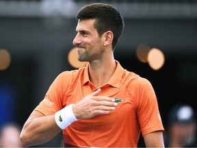 Novak Djokovic of Serbia celebrates winning his match against Constant Lestienne of France during day three of the 2023 Adelaide International at Memorial Drive on January 03, 2023 in Adelaide, Australia.