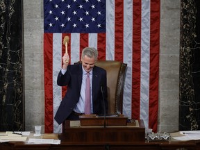 U.S. Speaker of the House Kevin McCarthy (R-CA) hits the gavel after being elected Speaker in the House Chamber at the U.S. Capitol Building on Jan. 7, 2023 in Washington, D.C.