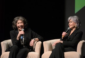 Lily Tomlin and Jane Fonda speak at the world premiere opening night screening of “80 For Brady” during the 34th Annual Palm Springs International Film Festival on Jan. 6, 2023.