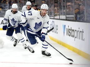 Pierre Engvall of the Toronto Maple Leafs skates against the Boston Bruins during the second period at TD Garden on January 14, 2023 in Boston, Massachusetts.
