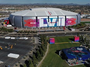An aerial view of State Farm Stadium on January 28, 2023 in Glendale, Arizona. State Farm Stadium will host the NFL Super Bowl LVII on February 12.
