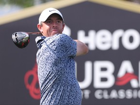 Rory McIlroy of Northern Ireland tees off on the 6th hole during the Final Round on Day Five of the Hero Dubai Desert Classic at Emirates Golf Club on January 30, 2023 in Dubai, United Arab Emirates.