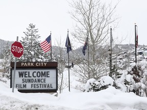 A sign outside Main Street welcomes visitors to the 2023 Sundance Film Festival, Thursday, Jan. 19, 2023, in Park City, Utah.