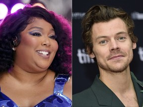 This combination of photos show Lizzo performing on NBC's "Today" show in New York on July 15, 2022, left, and Harry Styles at the premiere of "My Policeman" during the Toronto International Film Festival on Sept. 11, 2022.