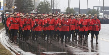 A group of RCMP officers were in attendance at the funeral procession for slain OPP Const. Grzegorz Pierzchala, held in Barrie. The funeral took place at the Sadlon Arena on Bayview Dr.  on Wednesday January 4, 2023. Jack Boland/Toronto Sun/Postmedia Network