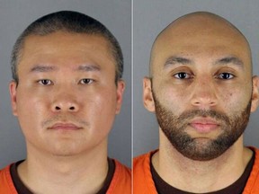 This combination of handout photos provided by the Hennepin County Jail created on June 3, 2020 shows ex-officers Tou Thao (left) and J. Alexander Kueng in booking photos.