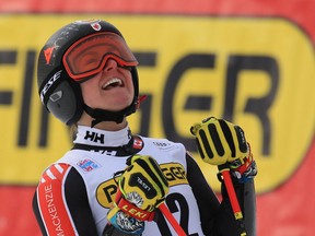 Canada's Valerie Grenier celebrates after capturing the women's World Cup giant slalom crown in Kranjska Gora on January 7, 2023.